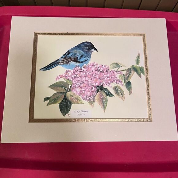 Hand Painted Indigo Bunting & Lilacs Matted Print - Picture 1 of 6